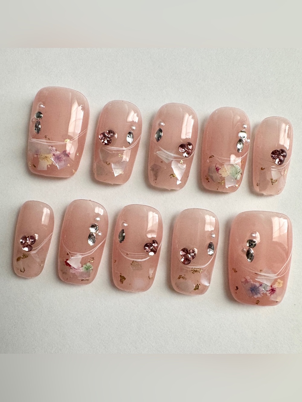 Nude Pink Press-On Nails with Rhinestone Accents